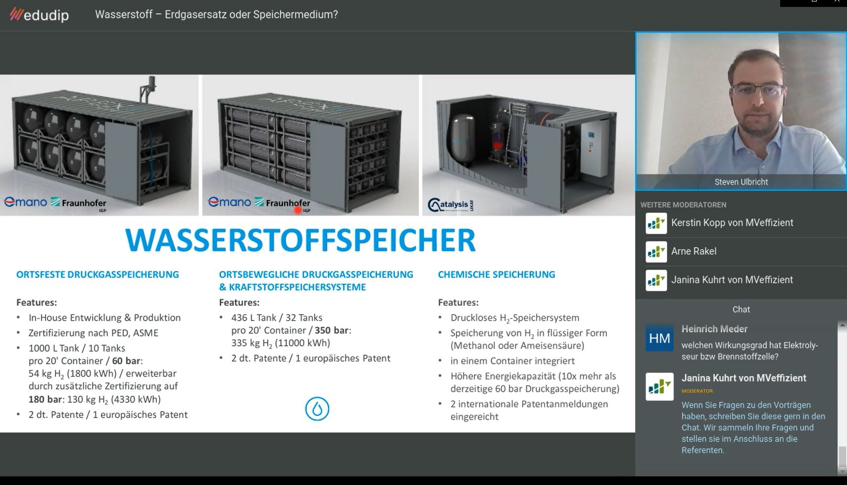 BU: In welchen Bereichen Wasserstoff eingesetzt werden kann erklärte Arne Rakel, Technischer Berater der LEKA MV, beim MVeffizient-Online-Stammtisch (Foto: LEKA MV)